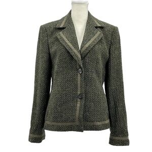 LOUIS FERAUD Green Tweed Blazer Notch Collar Wool Blend Ribbon Trimmed Size 40